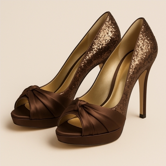 Antonio Melani ✦ Glitter Party Pumps ✦ Brown Satin Knot Peep-Toe Heels Size 10 - Picture 1 of 15